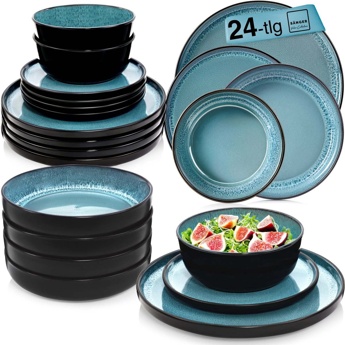 Sänger Aardewerk Serviesset - Combinatieservies - 24-delig - Blauw en Zwart - Krasbestendig - Geschikt voor Magnetron en Vaatwasser