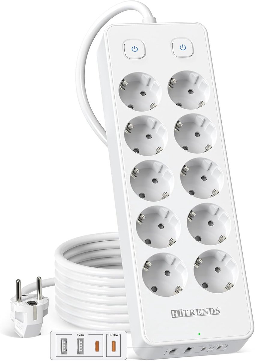 Stekkerdoos - Wit - 10-voudig - Met USB-A en USB-C - Voor Thuis, School en Kantoor