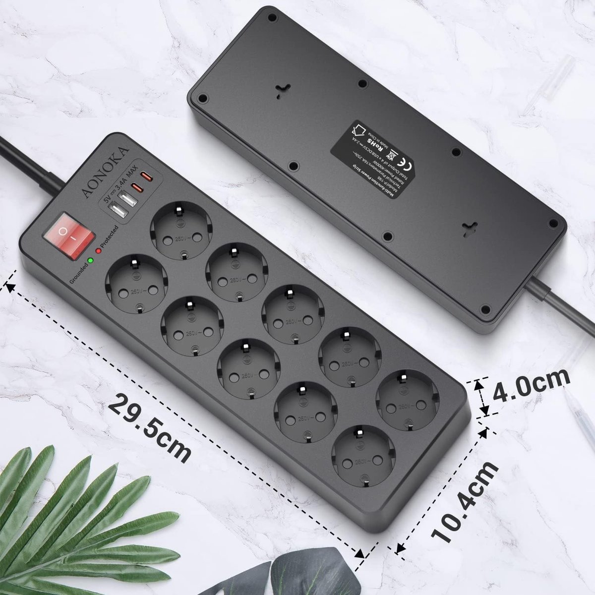 Stekkerdoos met Overspanningsbeveiliging - Wit - 10-voudig met USB-C en USB-A - Voor Thuis en Kantoor
