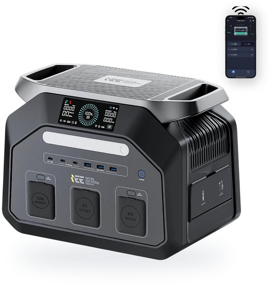 Zwarte powerstation met handvatten, zonnepaneel, display en diverse aansluitingen. App op telefoon.