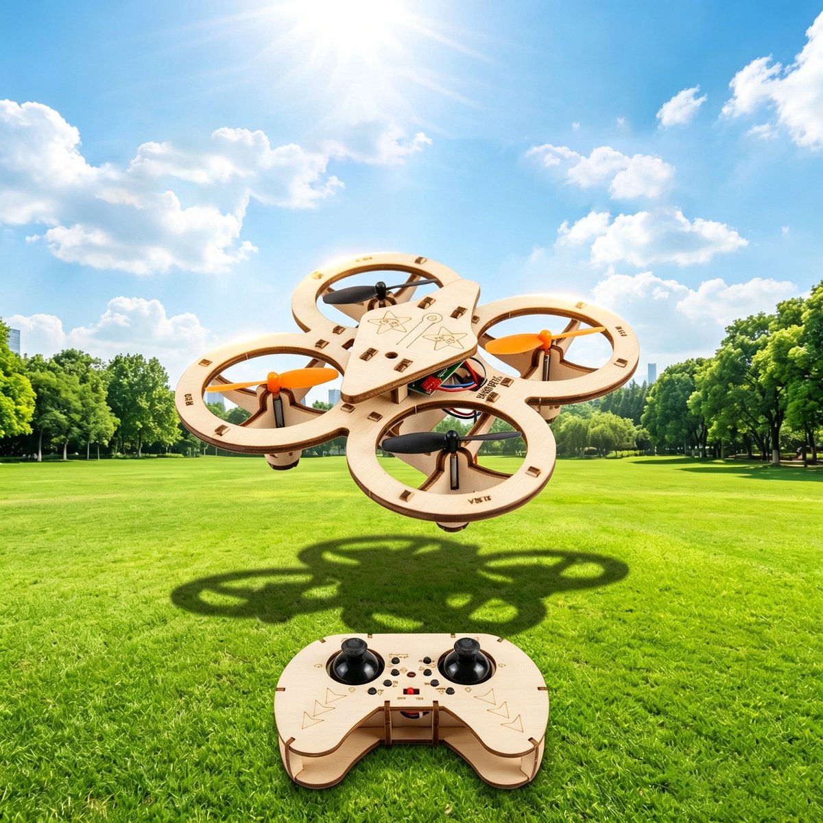 Houten doe-het-zelf quadcopter drone bouwpakket. Houten vliegtuigmodel geschikt voor tieners en volwassenen Doe-het-zelf vliegende drone, geschikt voor beginners inclusief twee accu's Afmetingen 19,4 x 5,5 x 24,3 cm