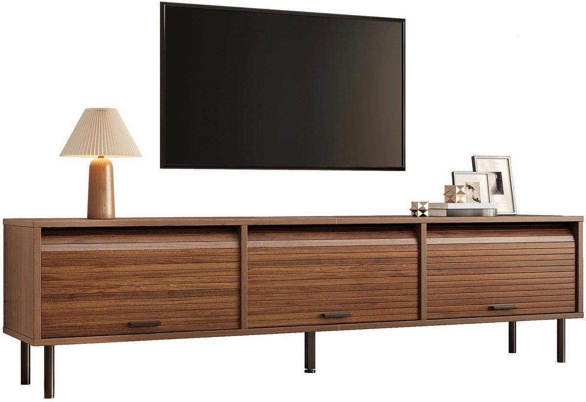 Merax TV-Meubel - Walnootkleur - 180 cm - 3 Schuifdeuren - Zwarte Metalen Poten - Veel Opbergruimte Bruin