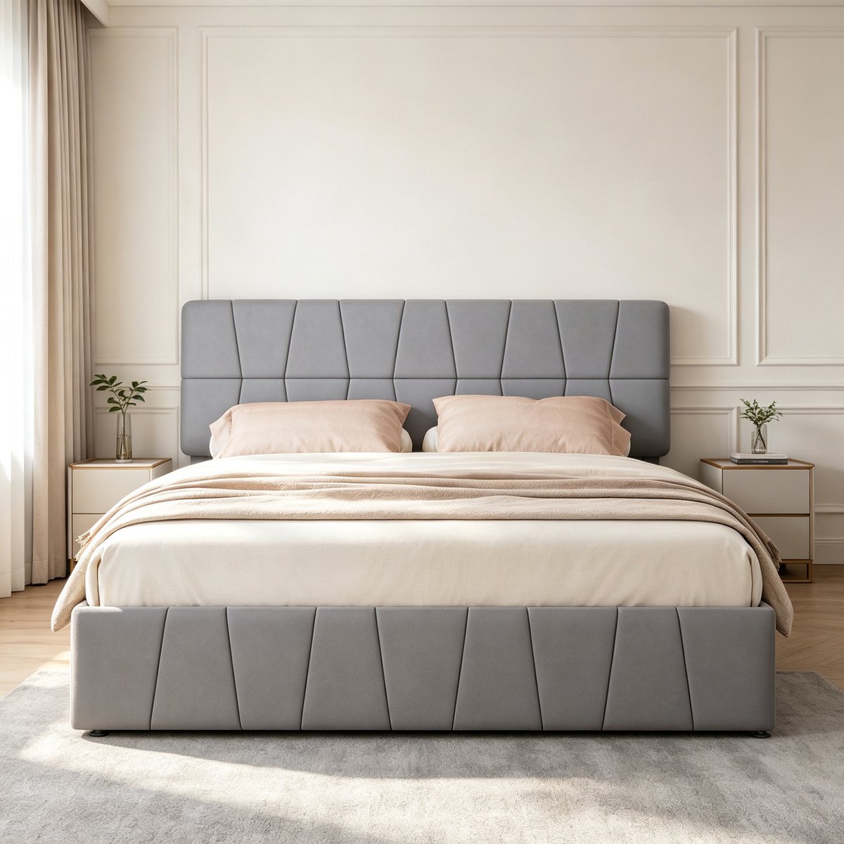 Gestoffeerd bed 160 x 200 - tweepersoonsbed - ledikant - bed - opberg bed - gestofeerd bed - tweepersoonsbed met opbergruimte - gestoffeerd bed met opbergruimte - Met 4 metalen lades - fluweel stof - grijs - Veilig Zachte Randen — cadeau in Cadeau-ideeën - foto 8