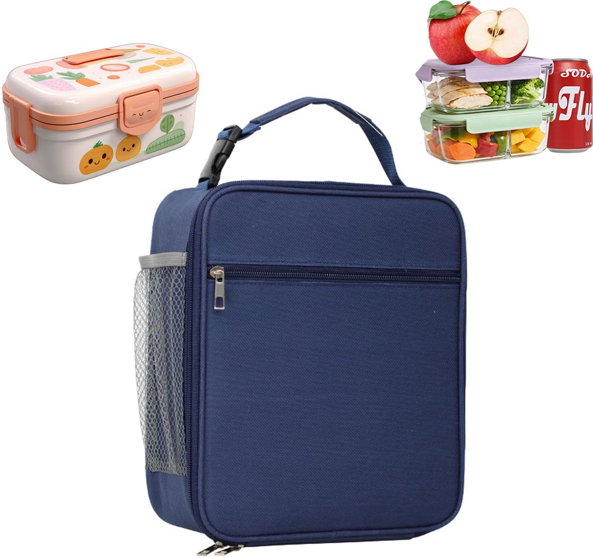 Geïsoleerde lunchtas - Lunchtas - Folie-geïsoleerde tas - Draagbare Koeltas - Draagbare handtas met handvat, zijvakken van mesh en warmwaterkruik - Marineblauw - 21,5 cm x 10,5 cm x 25,5 cm - Geschikt voor reizen en picknicks