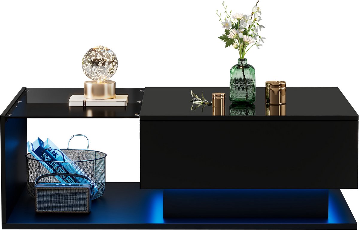 Ropilly Salontafel Zwart - Hoogglans Salontafel Met Led - Smart App Bediening - Met Lade En Glas - Krasbestendig - Woonkamer - 100x50x32 Cm - Zwart