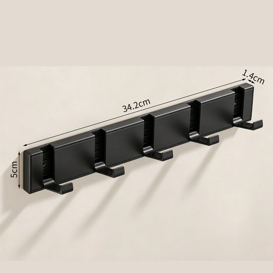 Kapstokhaken - Verborgen haken - Hangende kapstok - Metalen kapstokhaken - Muurhaken - Vijf haken, opvouwbaar - 34,2 x 5 x 1,4 cm - Geschikt voor badkamers, hallen, balkons en slaapkamers - Zwart — afbeelding 2