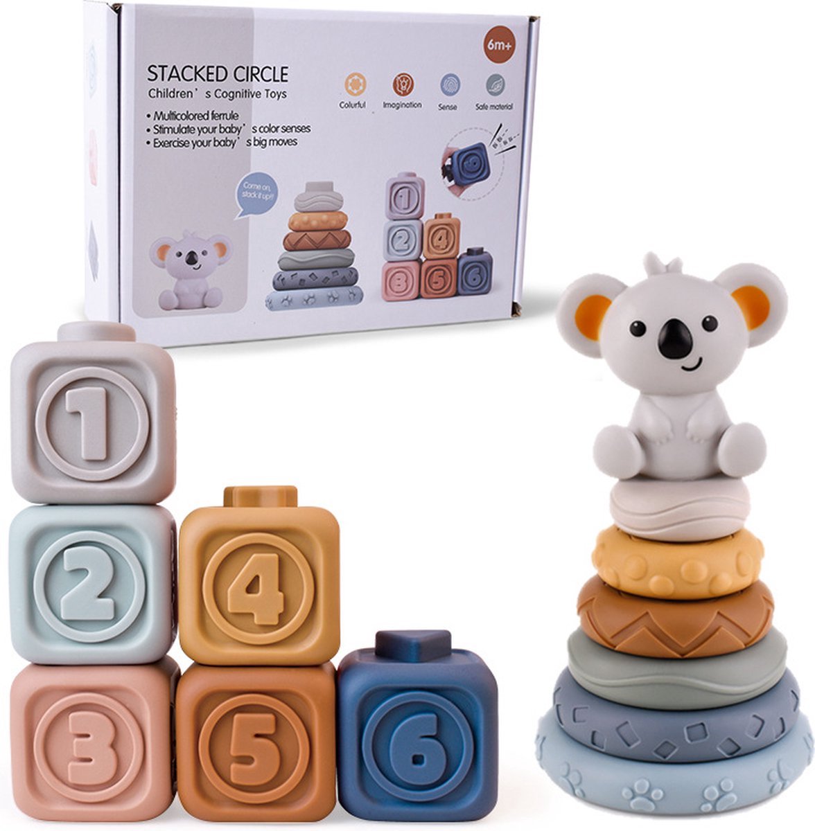 casalora - Baby Speelgoed - Montessori speelgoed - Stapelstenen en Stapeltoren - Zachte Stapelblokken Koala 13 Stuks - Sensorisch Speelgoed - 6 maanden 1 jaar 2 jaar - Motoriek Speelgoed