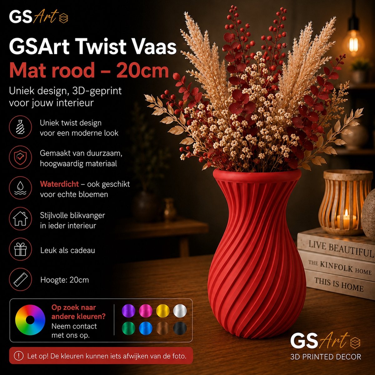 GSArt Twist Vaas 20 cm – Waterdichte 3D Geprinte Design Vaas - Mat Rood