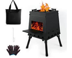 Houtgestookte tentkachel - Campingbarbecue - Draagbare houtkachel - Houtgestookte survivalkachel voor buiten - Opvouwbare winddichte campingkachel - Geschikt voor reizen, kamperen en buiten koken - Roestvrij staal - Zwart