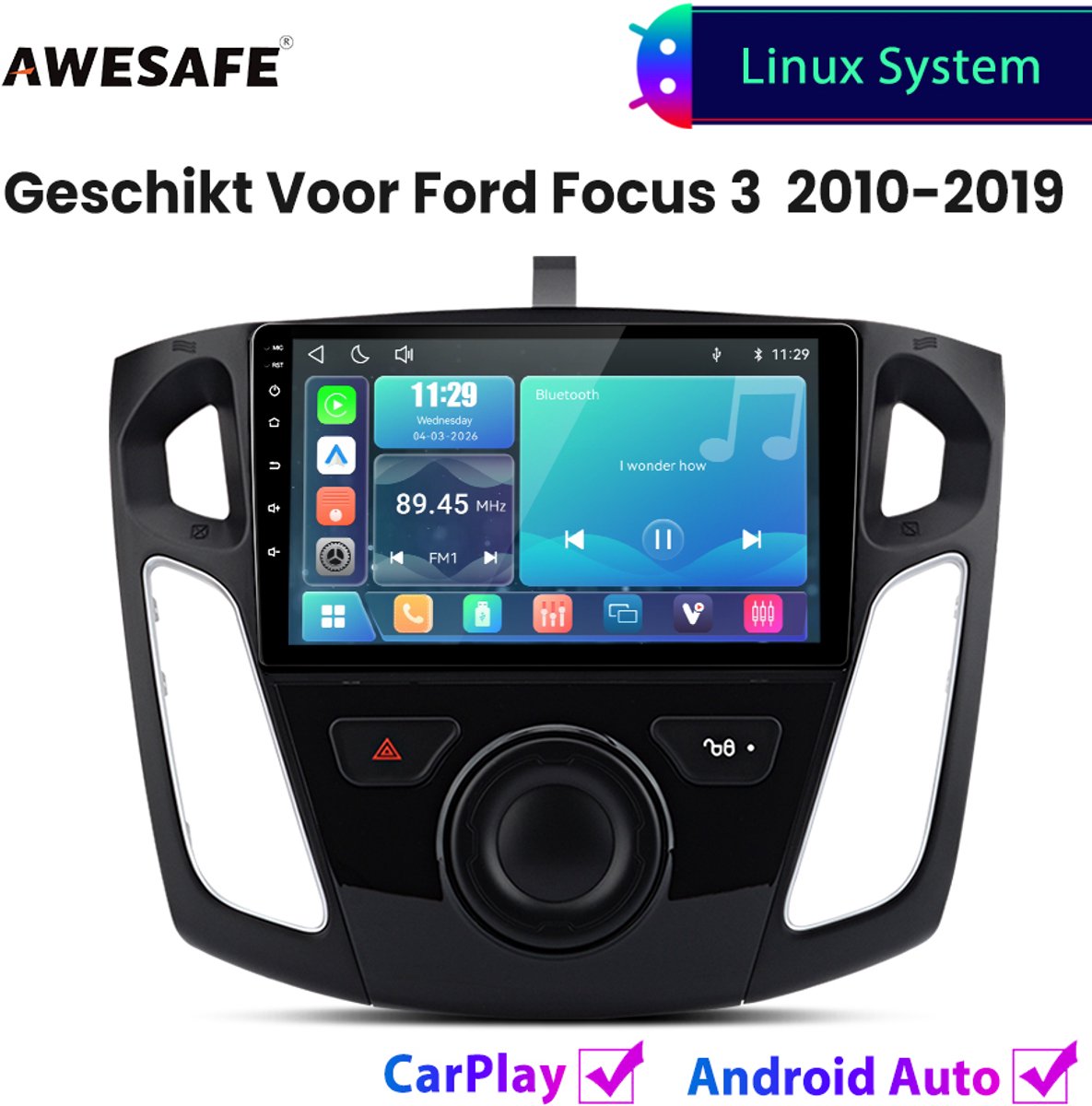 Awesafe Autoradio - Geschikt Voor Ford Focus 3 2010 t/m 2019 - Draadloos Carplay Android Auto - Linux systeem - Touchscreen - Bluetooth Wifi - 2011 2012 2013 2014 2015 2016 2017 2018 2019