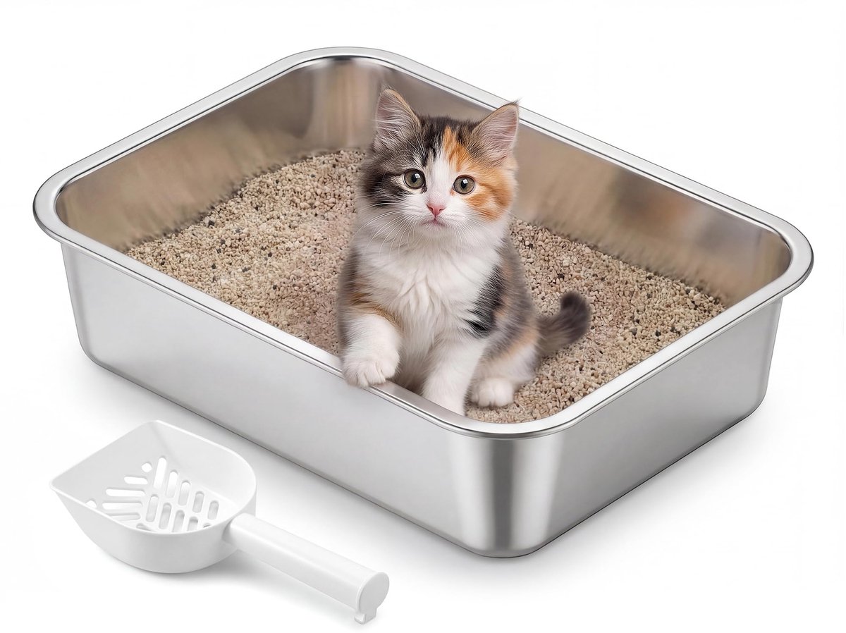 Famanu – Roestvrijstalen open kattenbak met schepje, geurloos en gemakkelijk schoon te maken, maat S, 40 x 30 x 10 cm, geschikt voor kittens en kleine katten