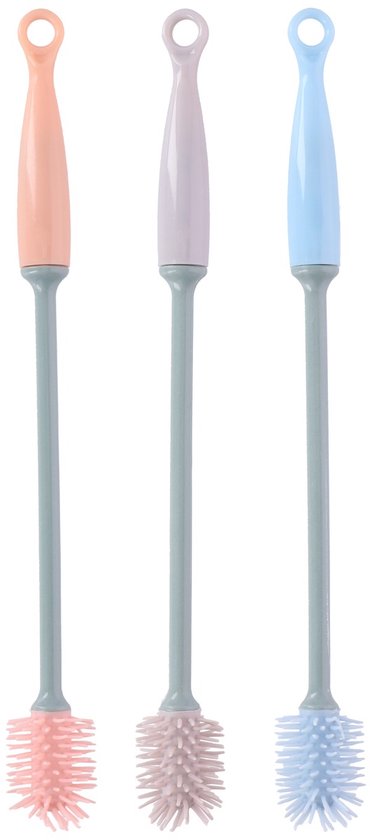 Drie flessenborstels in pastelkleuren: perzik, lavendel en lichtblauw, met grijze stelen en siliconen borstels.