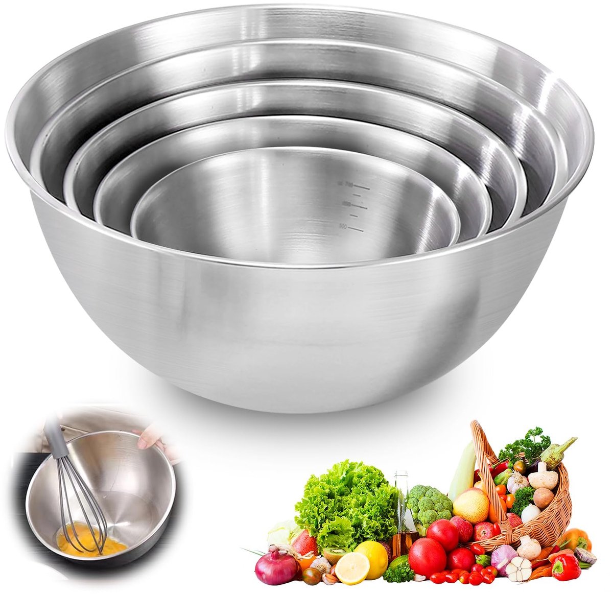 Famanu – 5-delige set roerschaal van roestvrij staal, slakom met verschillende maten (1l, 1,5l, 2l, 2,5l, 3,5l), ruimtebesparend voor de keuken
