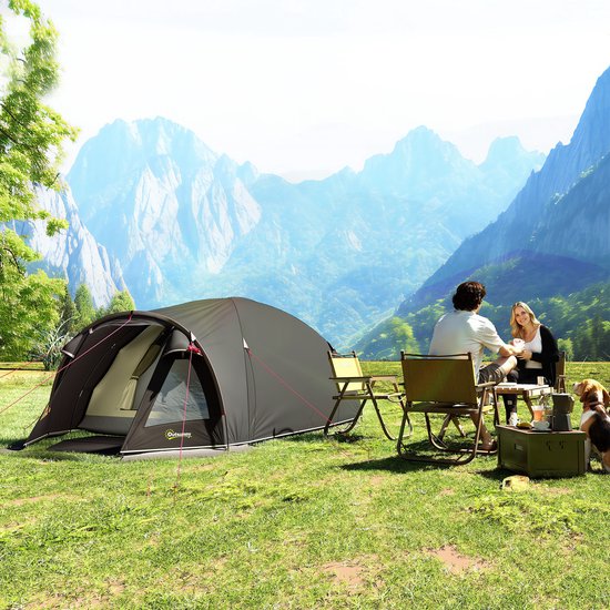 1 stuks‑tunnel­tent voor twee personen‑met zijramen en haken‑190T polyester en PE‑materiaal‑3,3x1,9x1,2 m‑zwart — afbeelding 2