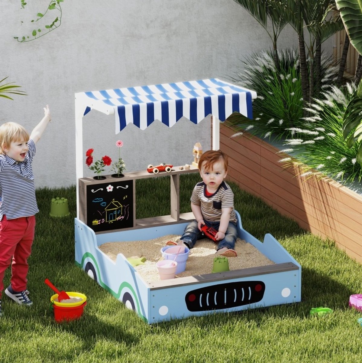 REDOM - Sandbak - Luifel - Zitbank - Krijtbord - Auto-design - Buitenspeelgoed - Vurenhout - Blauw - 108 x 90 x 104 cm