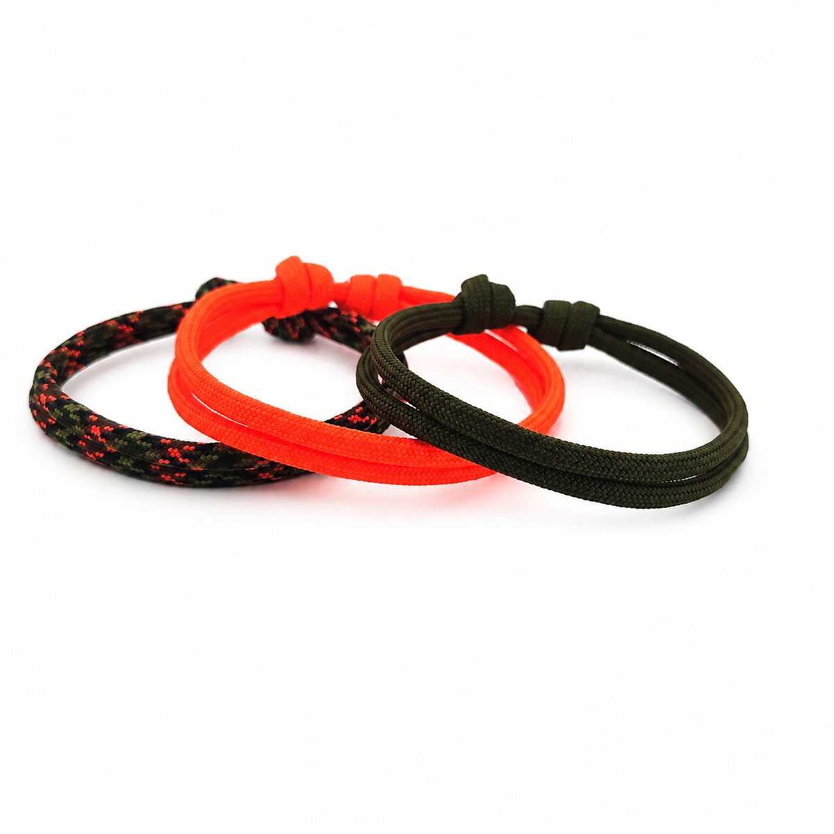 Paracord armbandjes voor heren set van 3 met verstelbare schuifknoop vanaf 17 cm in groen en neon oranje