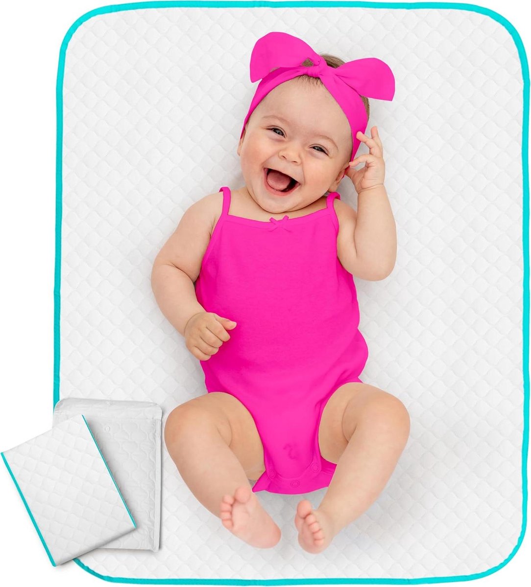 Luierverschoningsmat - Aankleedkussen reizen - Baby verzorgen - Waterdicht en afveegbaar - 80 x 60 cm - Wit met turquoise