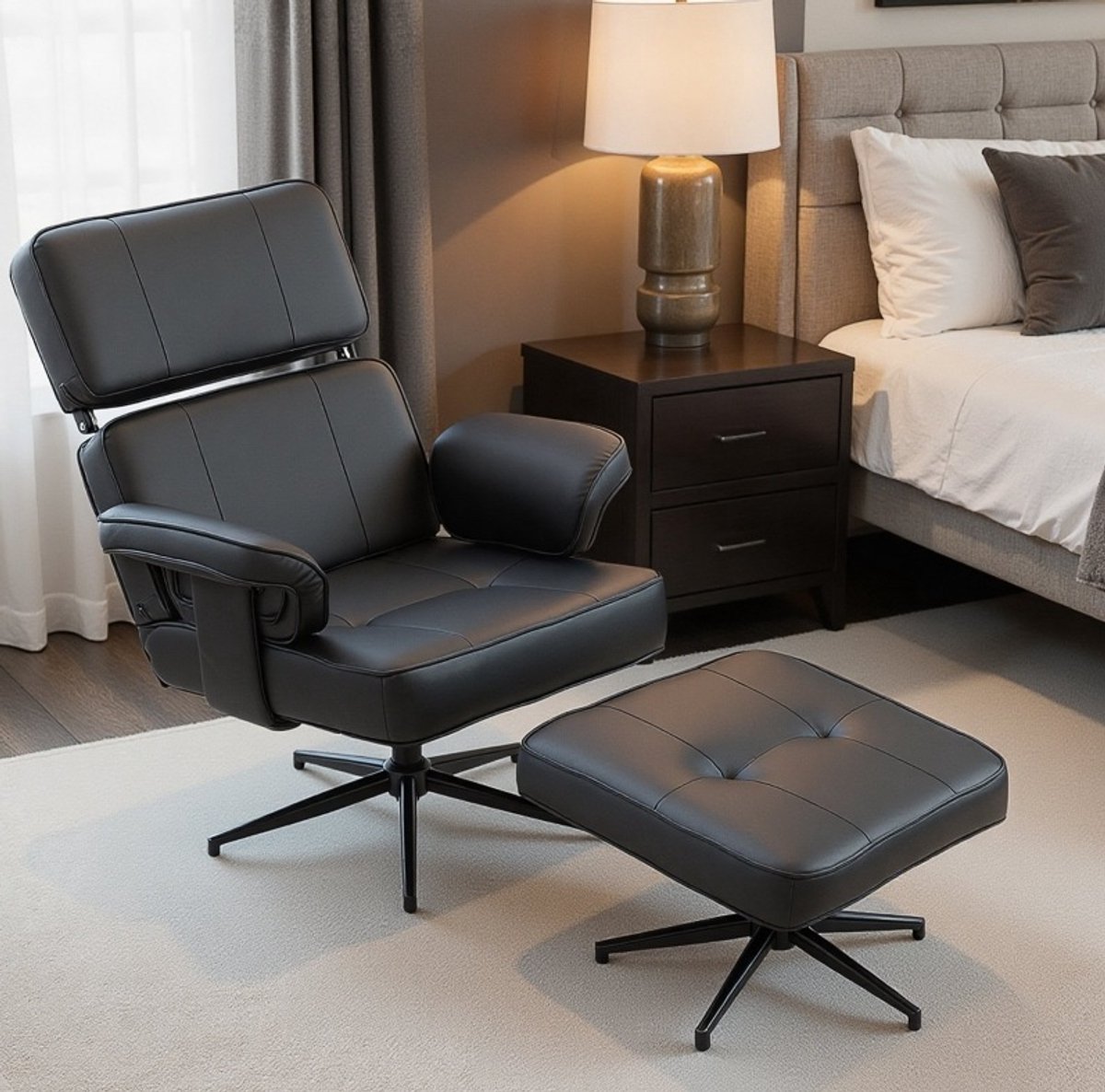 MODENUIT Relaxfauteuil 91 x 79 x 89 cm - Verstelbare Hoofdsteun Met Hocker - Woonkamer - Kunstleer - Zwart