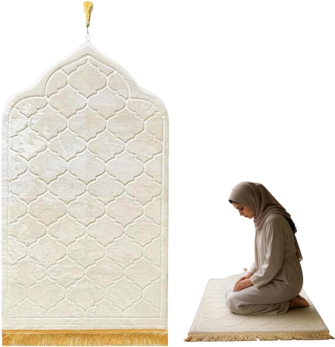 Traditionele Zachte Gebedsmat voor Moslims, Ideaal voor Eid en Reizen, Comfortabele Islamitische Tapijt in Crème Kleur