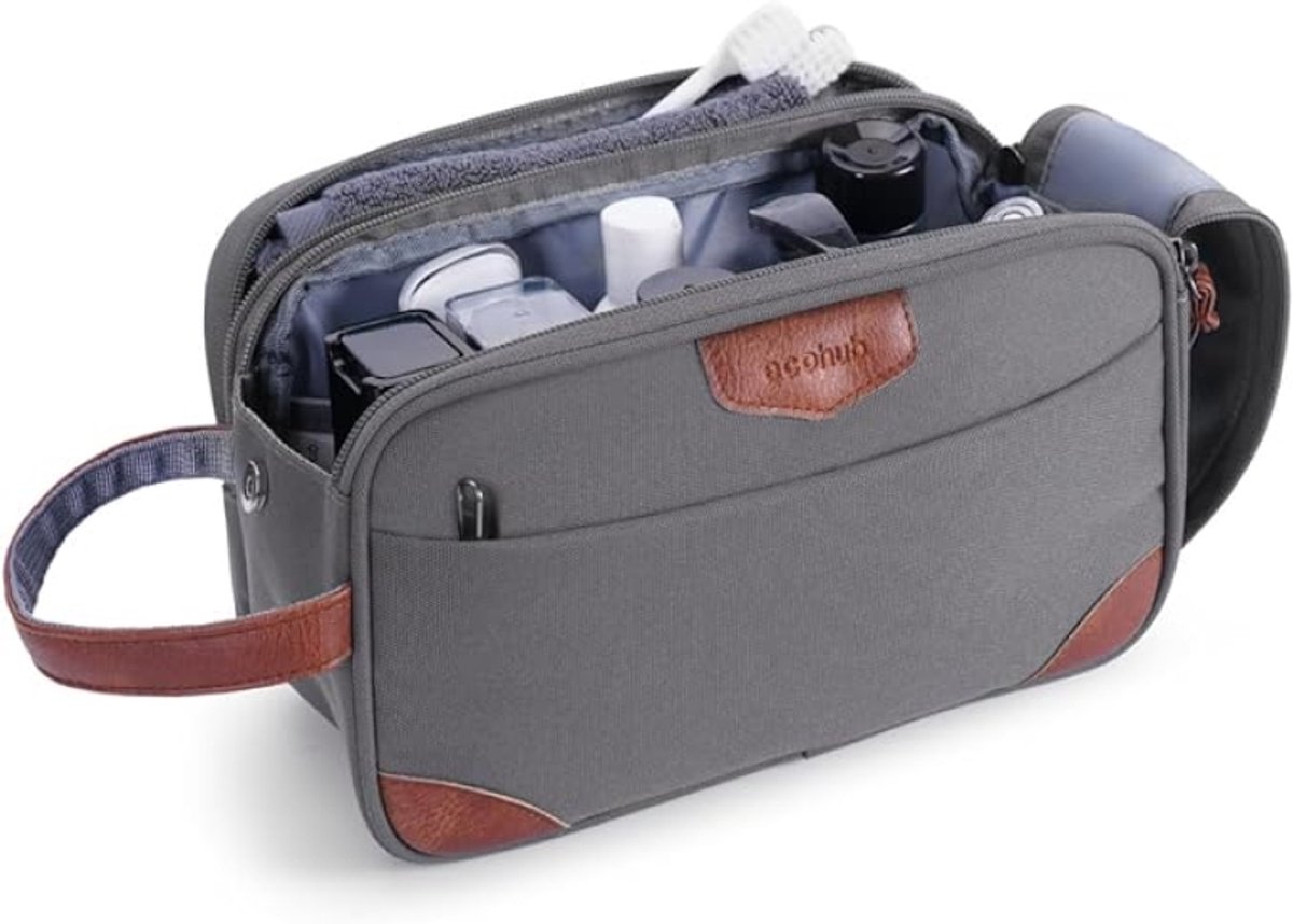 Toilettas voor Heren, Waterdichte Scheertas met SBS Dubbele Rits, Groot Hoofdvak en Natte Compartiment Make-uptas, Gerecycled PET Reisnecessaire met Meerdere Vakken, Handtas Pouch (Grijs)