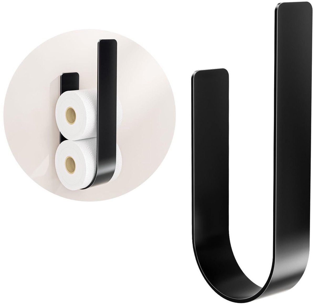 Zwarte U-vormige zelfklevende toiletrolhouder voor maximaal 3 rollen, boorloze papierrolbeugel afmeting 30,5×11,4×10,9 cm voor badkamer en toilet