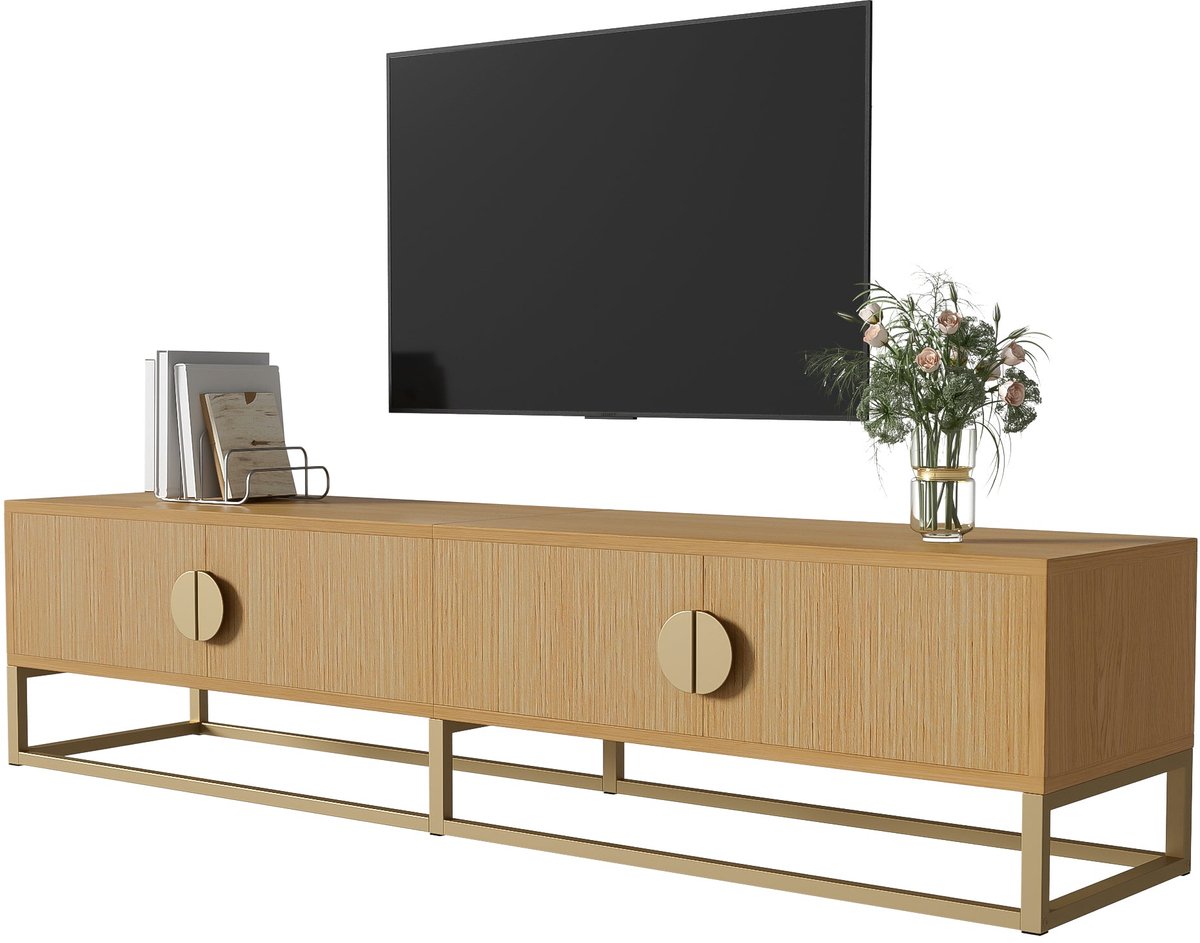 Merax Televisiemeubel 180 cm - Houtkleur - 4 Deuren - Goudkleurige Handgrepen - Metalen Onderstel - Veel Opbergruimte