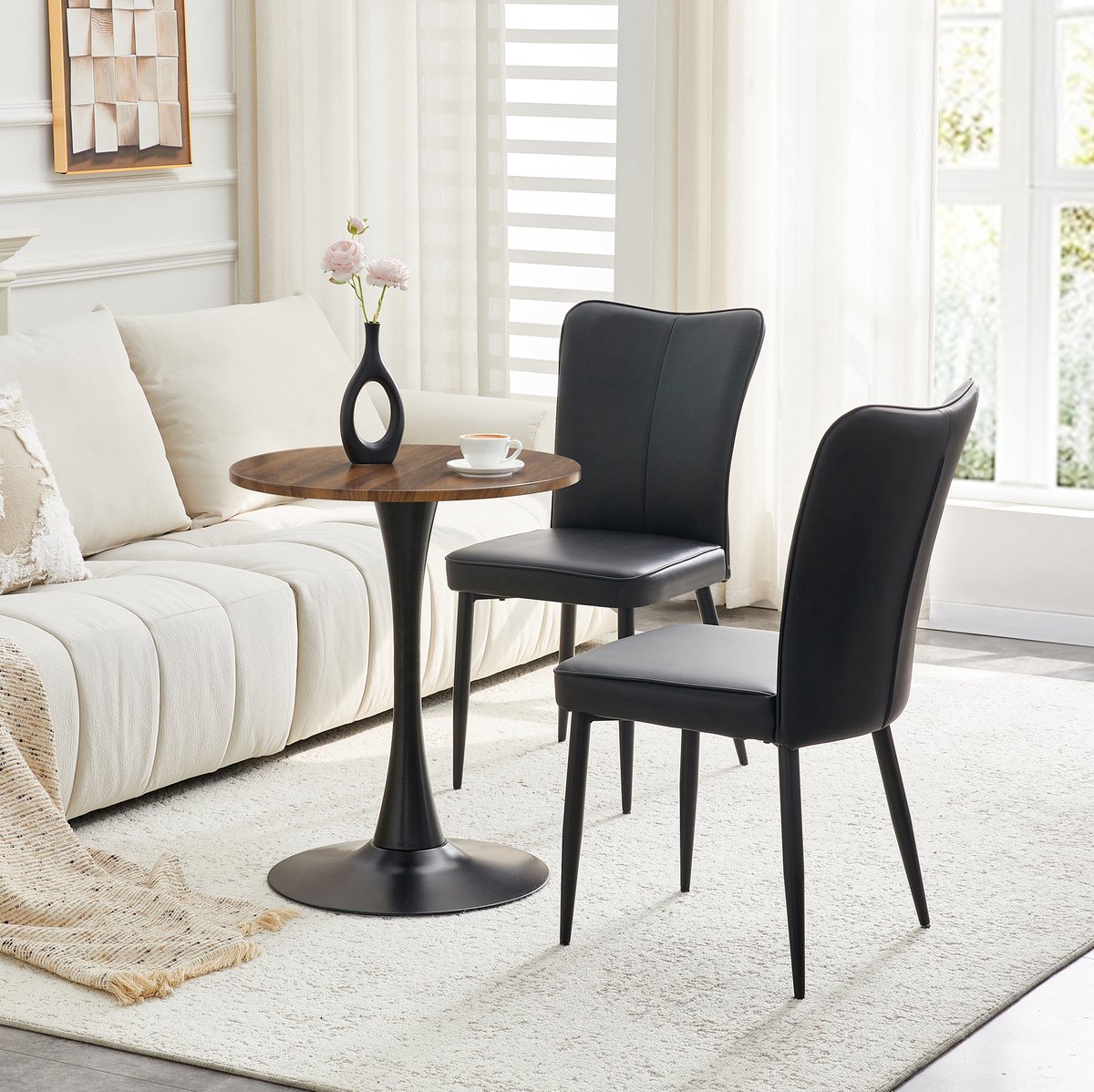 Wishdor Ronde eettafel 60 cm - 2 stoelen - Modern design voor kleine ruimtes en hoekjes - MDF houtlook metaal - Woonkamer eetkamer - Zwart walnoot - 60 x 60 x 72 cm