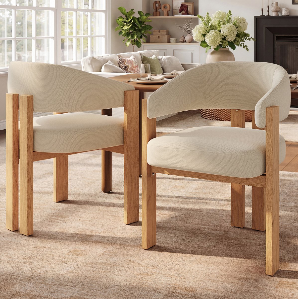 Wishdor Eetkamerstoel 2 stuks met armleuningen - Ergonomisch gestoffeerd - Houtlook poten van metaal - Scandinavisch - Voor woonkamer eetkamer kantoor - Beige - 49 x 47 x 78 cm