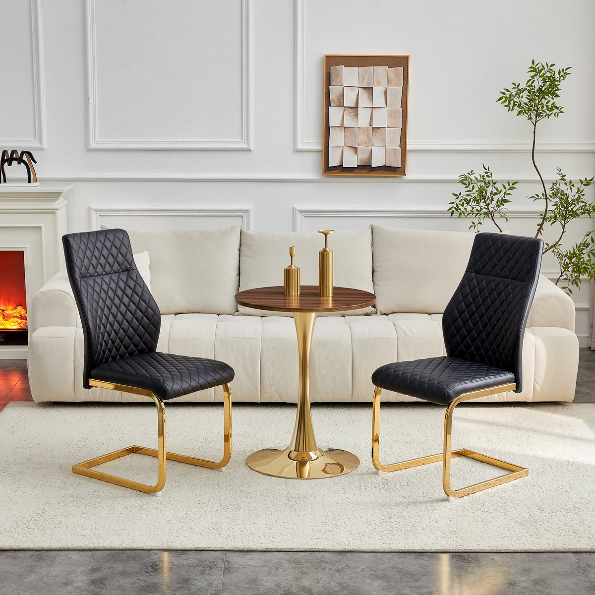 Wishdor Set tafel en stoelen - Ronde tafel 60 cm met 2 stoelen - Walnootlook, zwart en goud - Modern design voor eetkamer en koffiehoek - MDF, metaal, kunststof - 72 cm