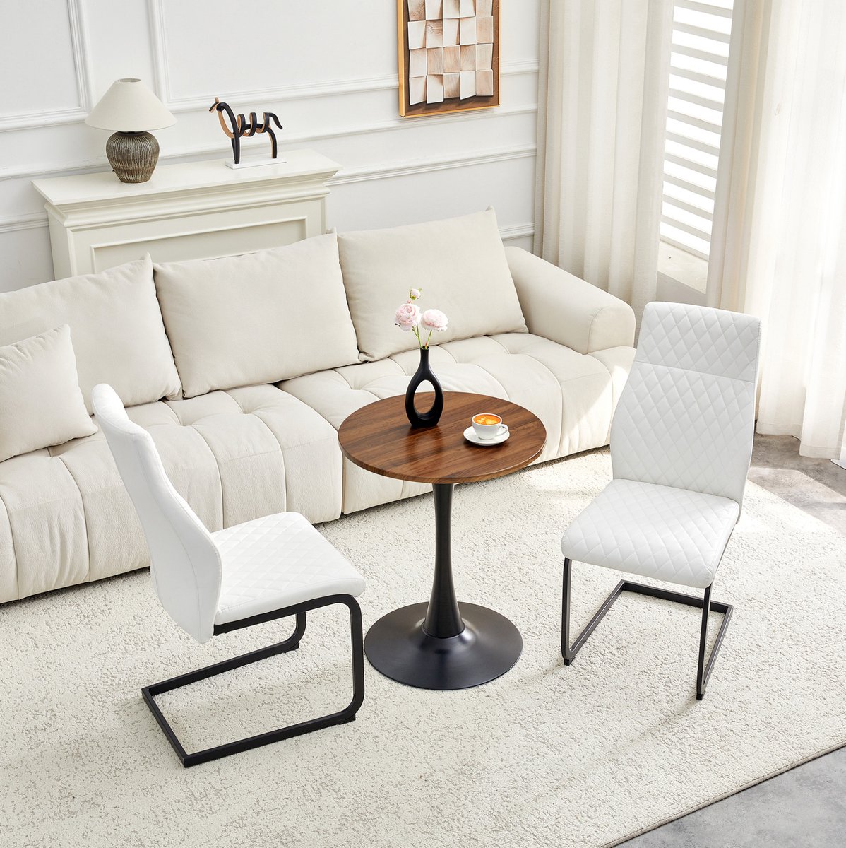 Wishdor Set tafel en stoelen - Ronde tafel 60 cm met 2 stoelen - MDF blad en zwart metalen onderstel - Wit PU leer met ruitpatroon - Modern - Walnoot zwart