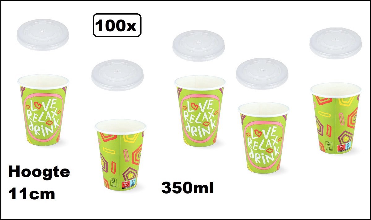 100x Milkshake beker Relax groen 350ml + 100x deksel + 100x rietjes color - Karton - Drinken beker thema feest festival evenement fun diner milkshakebeker