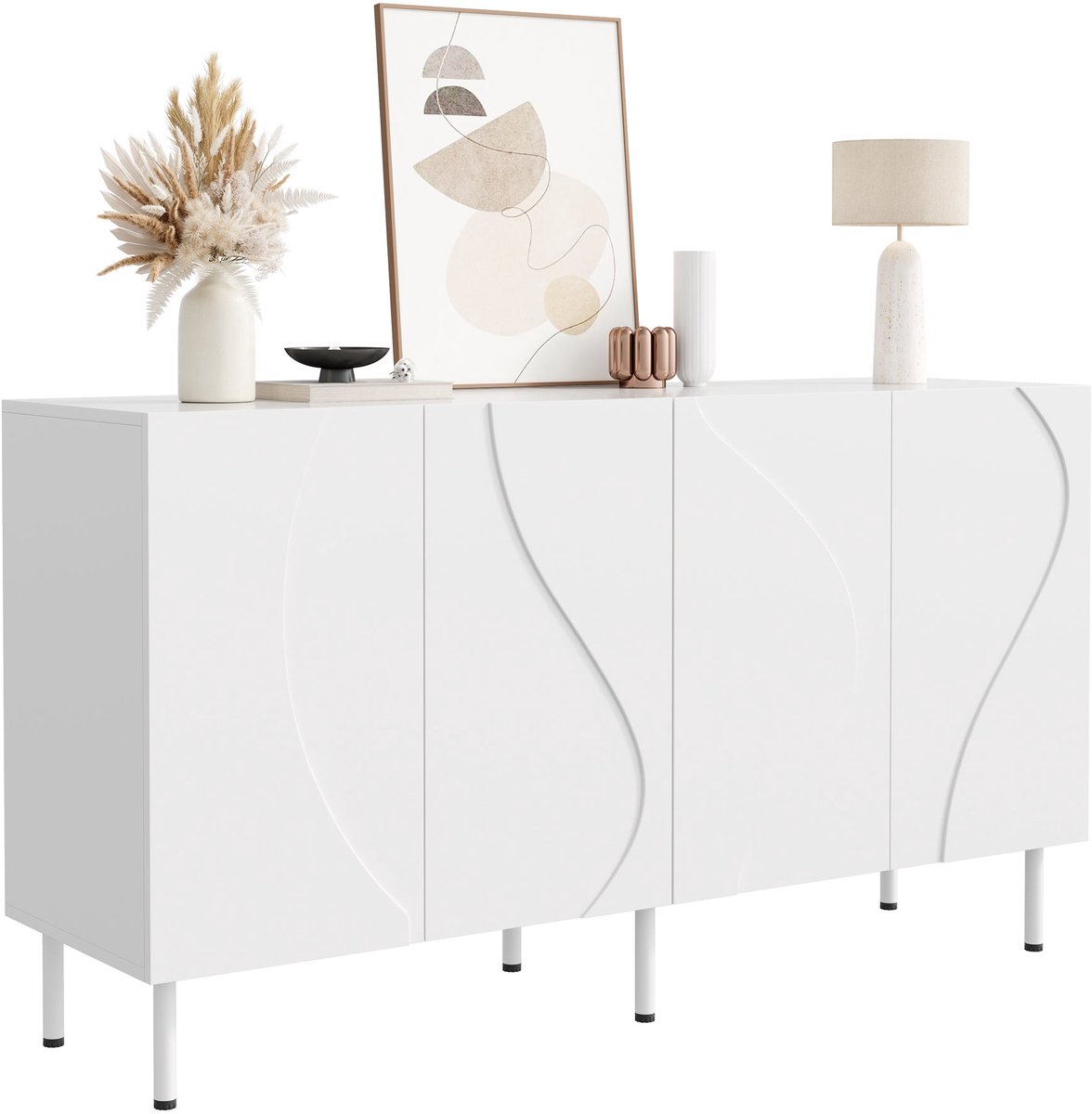 Merax Dressoir 140 cm - Wit - 4 Deuren - Driedimensionale Gebogen Fronten - Drukopening - Metalen Poten