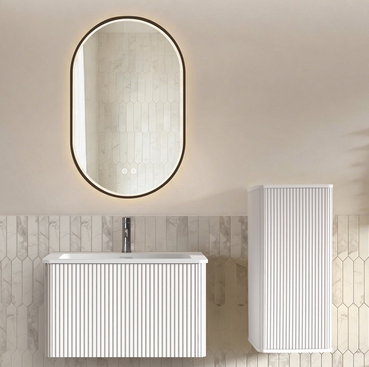MIVRAY Badkamermeubel Set - Wandhangend Wastafelmeubel Met LED Spiegel En Zijkast - Modern Minimalistisch Voor Badkamer - Wit - 80 Cm