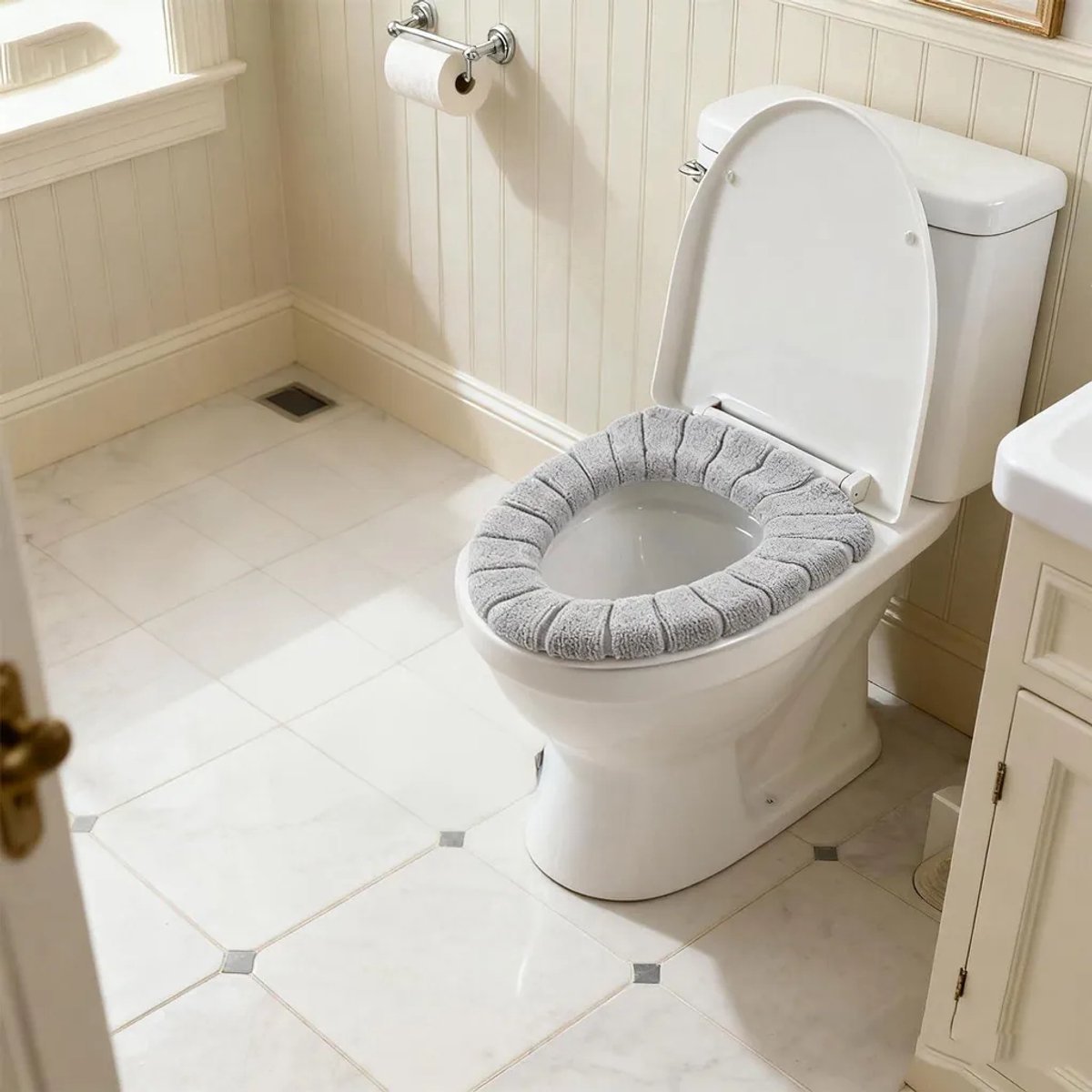 Toiletbrilhoezen, set van 3, gemaakt van elastisch, wasbaar acrylmateriaal, Geschikt voor ronde en ergonomische toiletten.