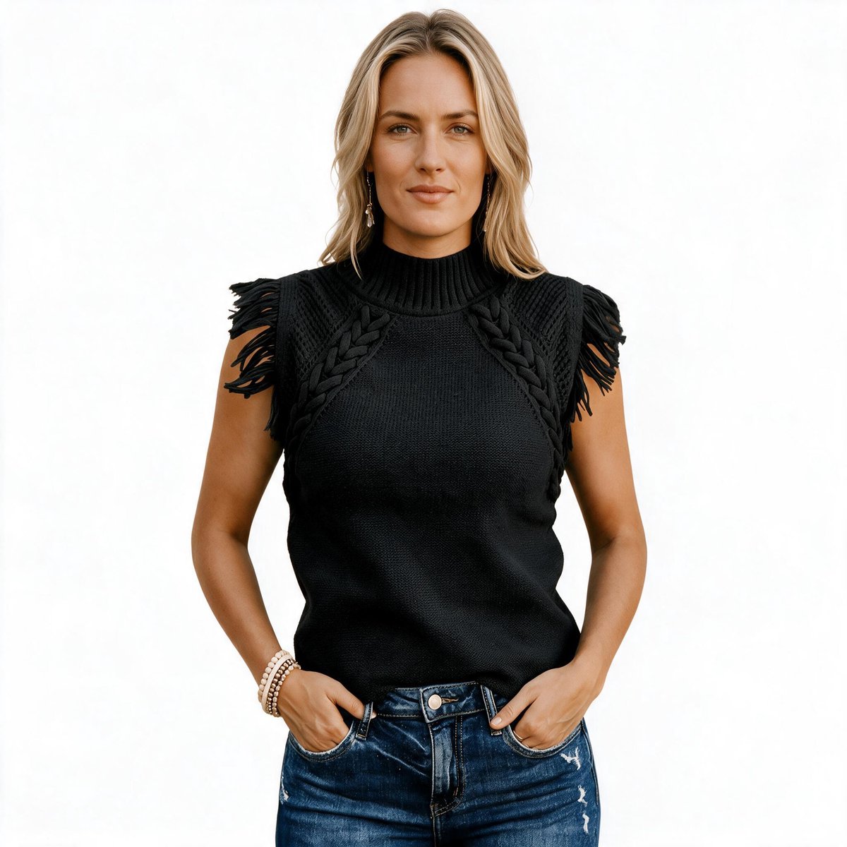 Imily Bela Dames Gebreide Top met Hoge Hals en Franjedetails