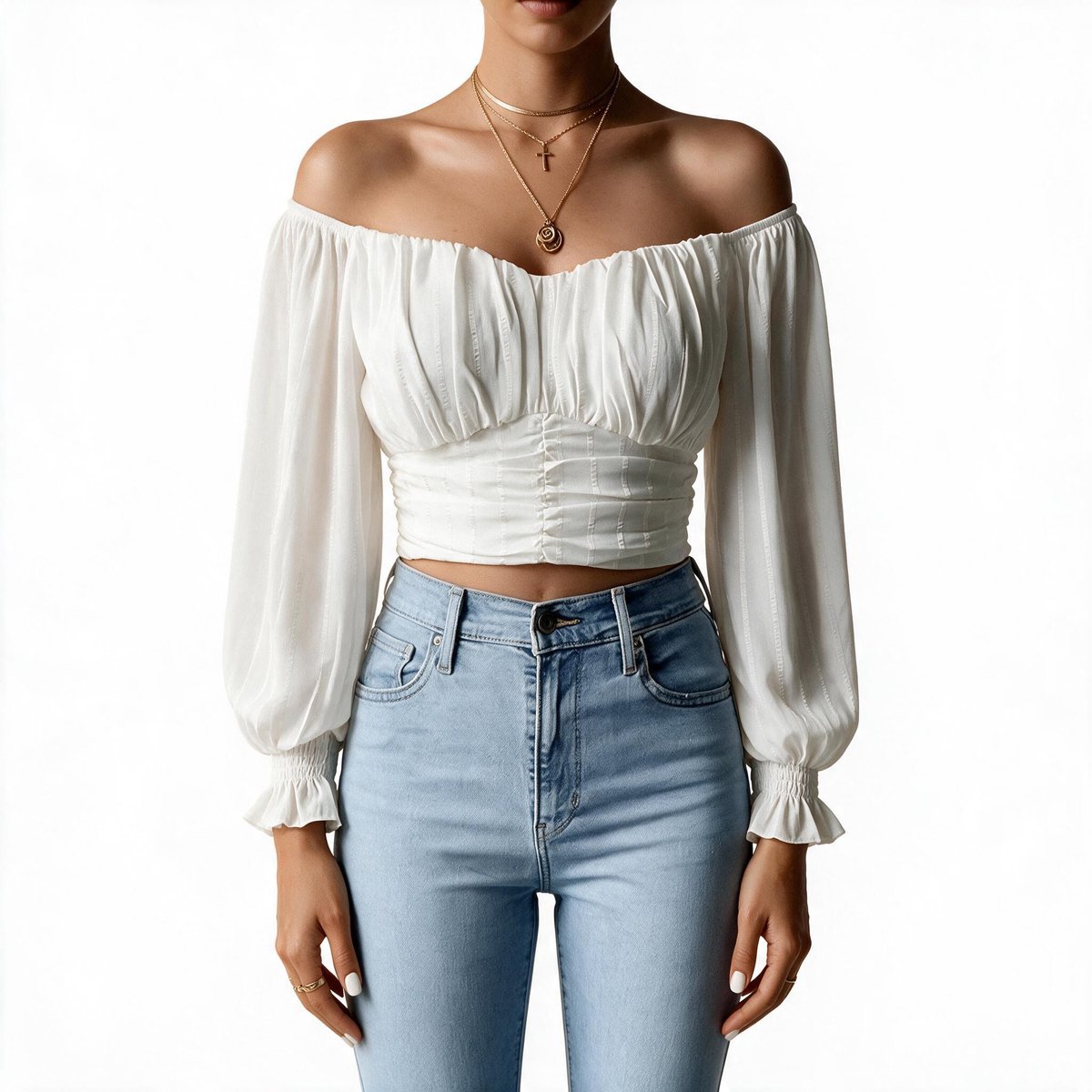 Imily Bela Dames Off Shoulder Croptop met Lange Pofmouwen