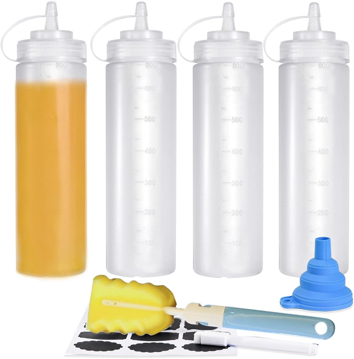 Knijpfles Set - Transparant - 800 ml - Herbruikbare Kunststof Flessen met Trechter en Borstel - Voor Sauzen en Knutselen
