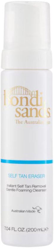 Witte fles Bondi Sands Self Tan Eraser, 200 ml, met blauwe streep en gouden logo.