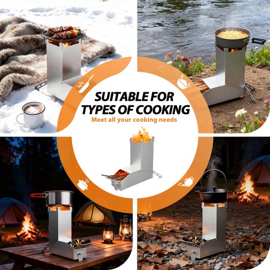 Froadp 2er Rocket Stove RVS vuurschaal open haard - Draagbare kampeerhoutkachel, kampeerkachel met tas, kampeerkachel en terraskachel. Campinggrill voor BBQ, wandelen, tuin, zilver — afbeelding 4