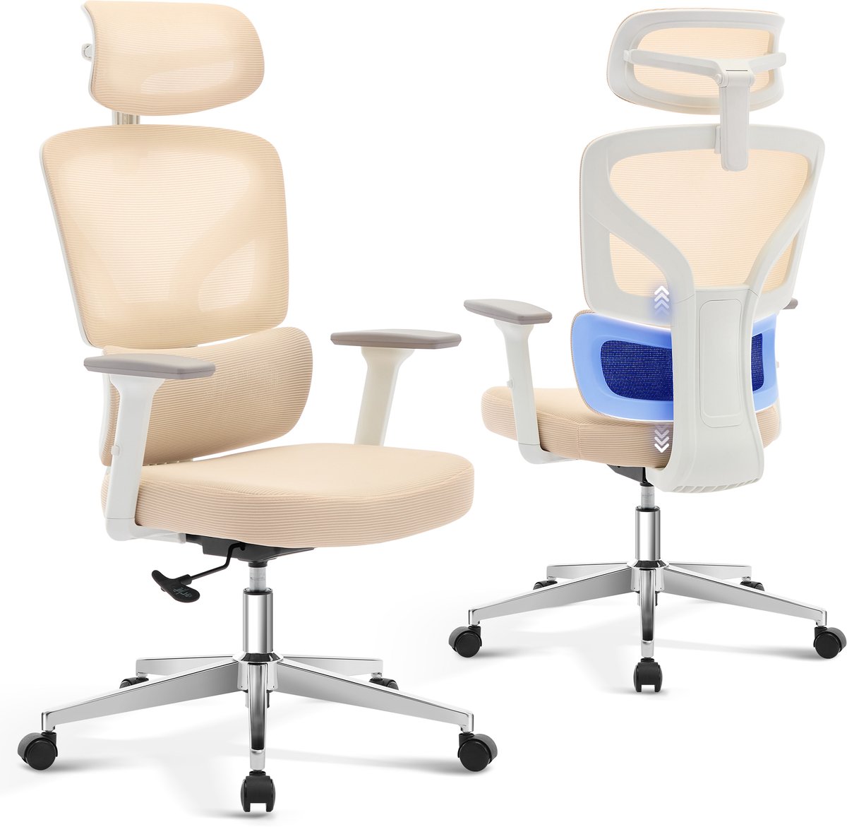 Triumpunpre - Ergonomische Mesh Bureaustoel Met Voetensteun - Verstelbare Hoofd‑ En Lendensteun - 3D Armleuningen - 135° Reclinerend Kantoorstoel Voor Thuiswerkplek - Verchroomde Poten Wit Frame Beige