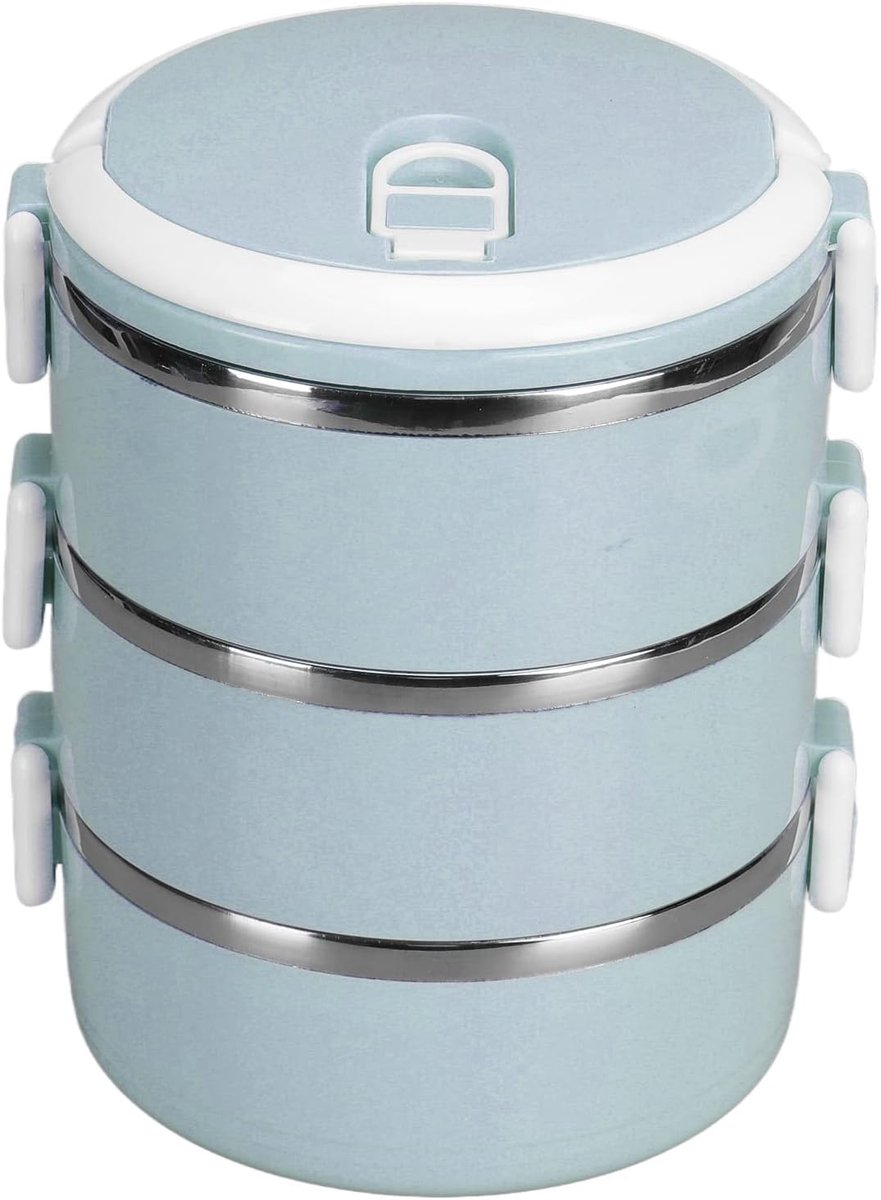 QTTVBTNA – Thermische Lunchbox 3 Laags – RVS 304 Thermobak met Deksel en Siliconen Ring – Voedselcontainer voor Lunch, Werk, School en Reizen – Blauw