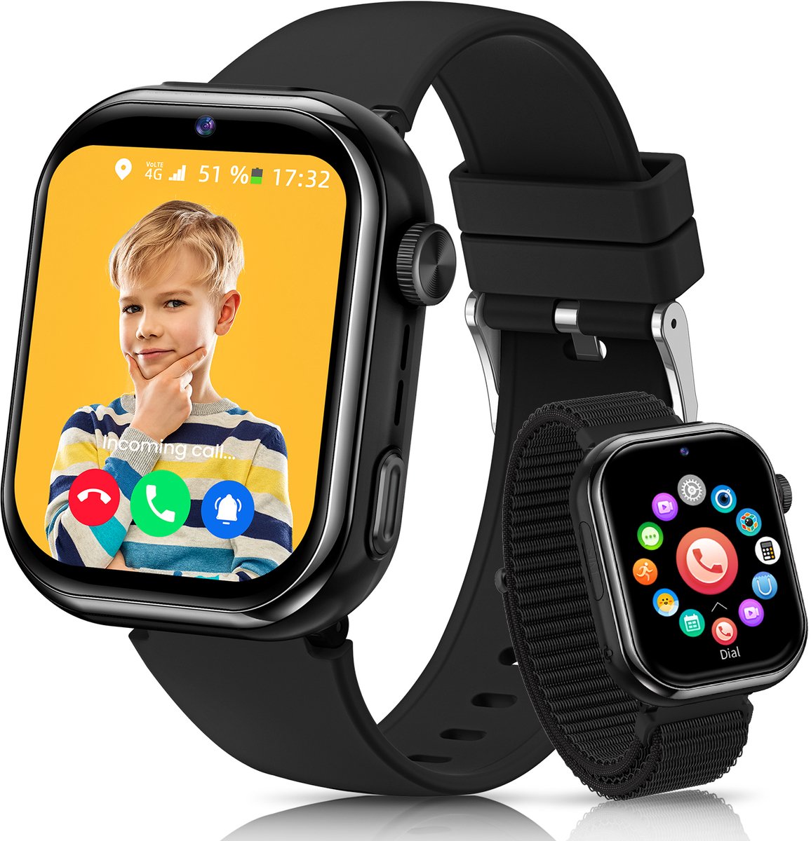 FOSMET 4G Smartwatch Kinderen - 2026 - GPS Horloge Kind met Telefoonfunctie - 1,83 Inch - SOS Knop & Videobellen - Dubbele Camera 3 MP - 1000mAh - Voor 4-12 Jaar - Voor Jongens en Meisjes - Android & iOS - Zwart