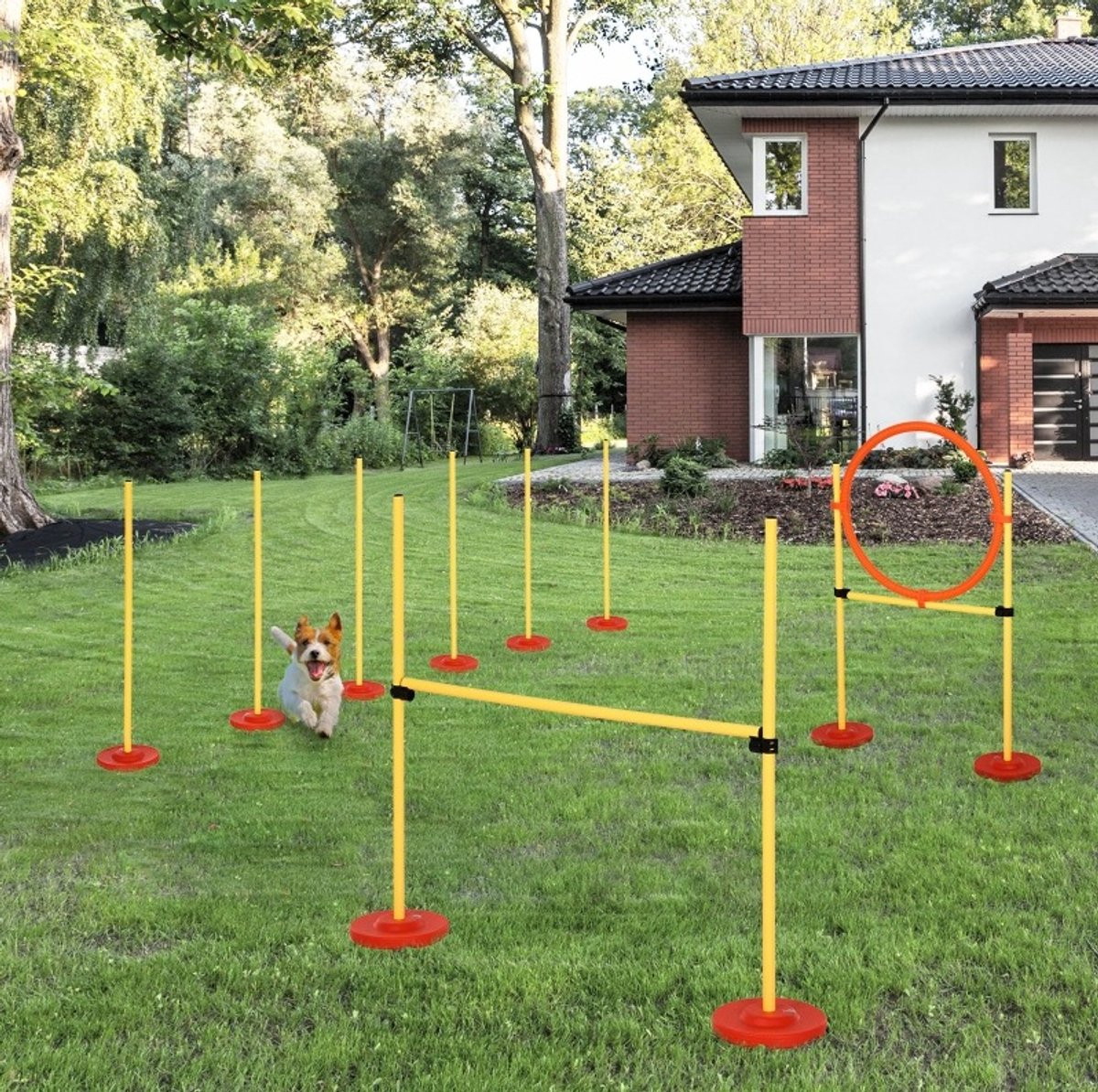 REDOM - Hunde Agility Set - Horde - Slalom - Springring - Hoogteverstelling - Met draagtas - Polyester - Geel - 128 x 23 x 9-100 cm