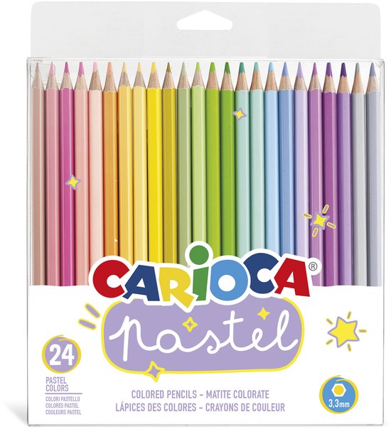 Verpakking met 24 CARIOCA pastelkleurpotloden in zachte tinten, met zichtbare potloden in roze, geel, groen, blauw, paars en grijs.