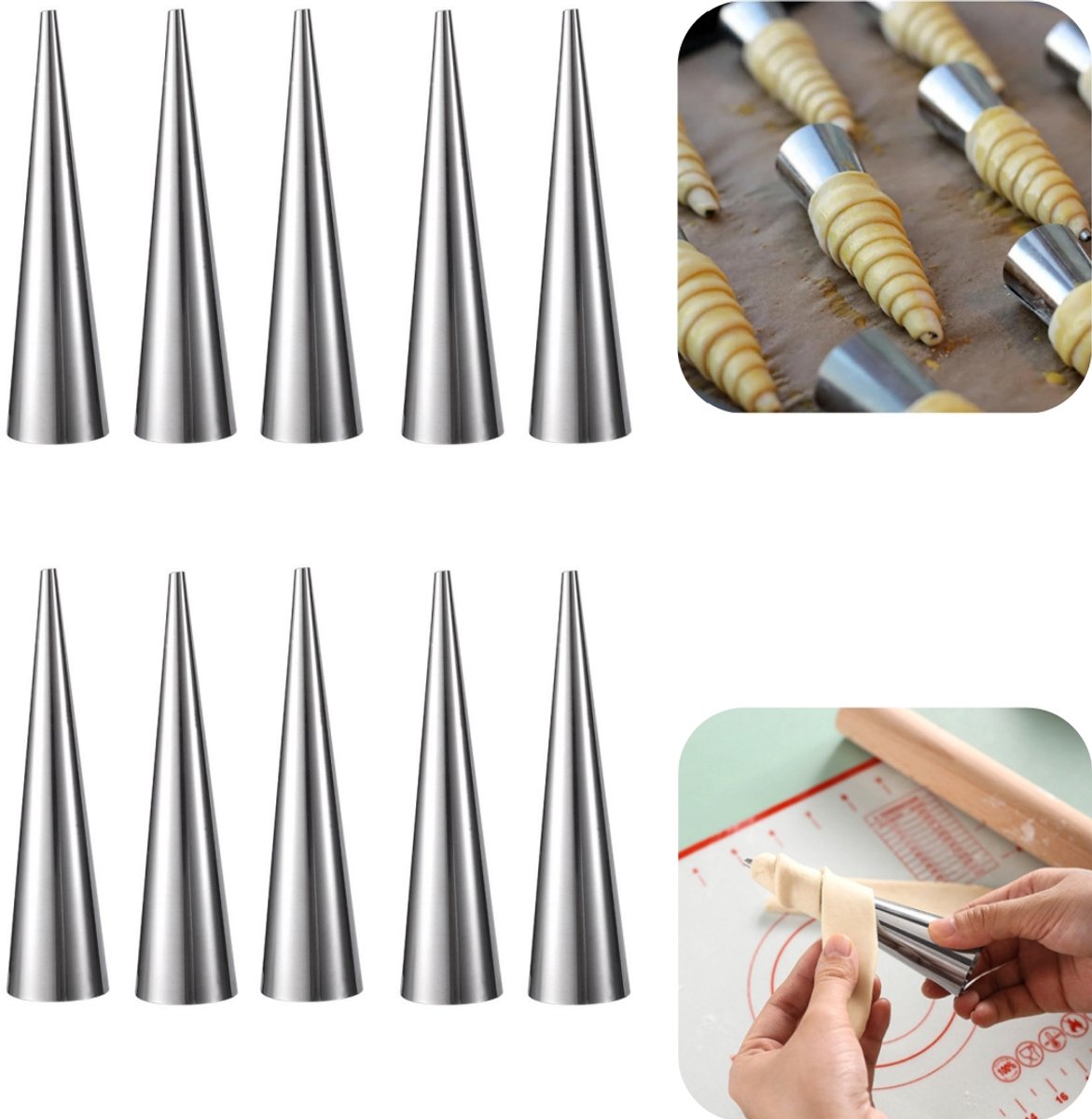 10 stuks kegelvormige buis - croissantvormpjes - roestvrijstalen kegelvormige buis - hittebestendig - anti-aanbak - herbruikbaar - keukenaccessoires - geschikt voor keuken, bakkerij, restaurant (zilver, 12,2*3,5 cm)