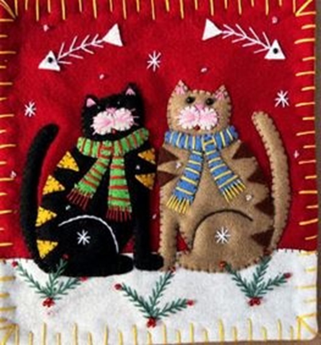 Kussen Katten zwart/bruin/rood, vilt incl vulling 10x10x10cm