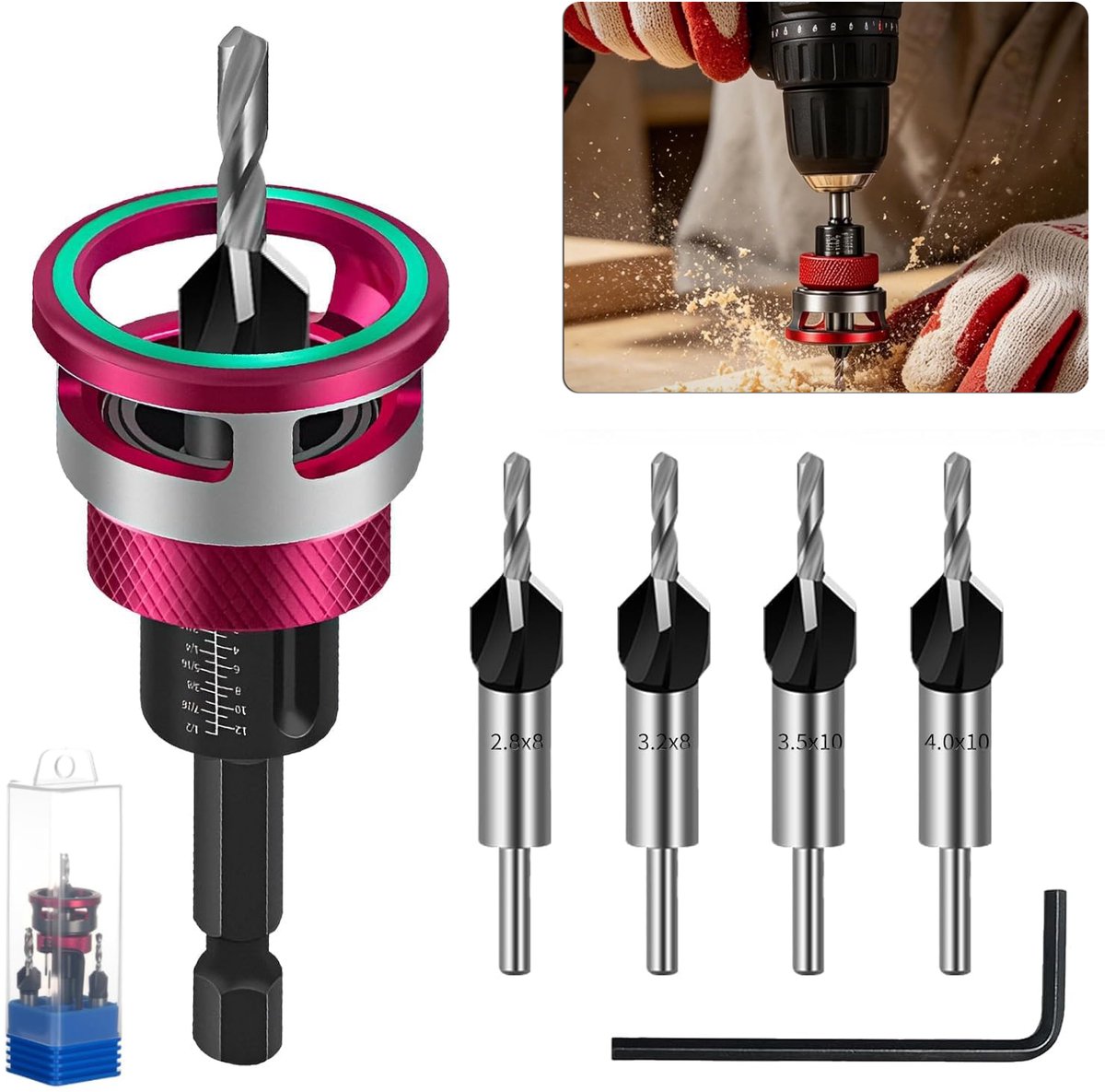 6 Stuks Verzinkboorbitset - Houtbewerkingsboren Met Een 1/4 Inch Zeskantschacht - Verstelbare Diepte-Aanslag
