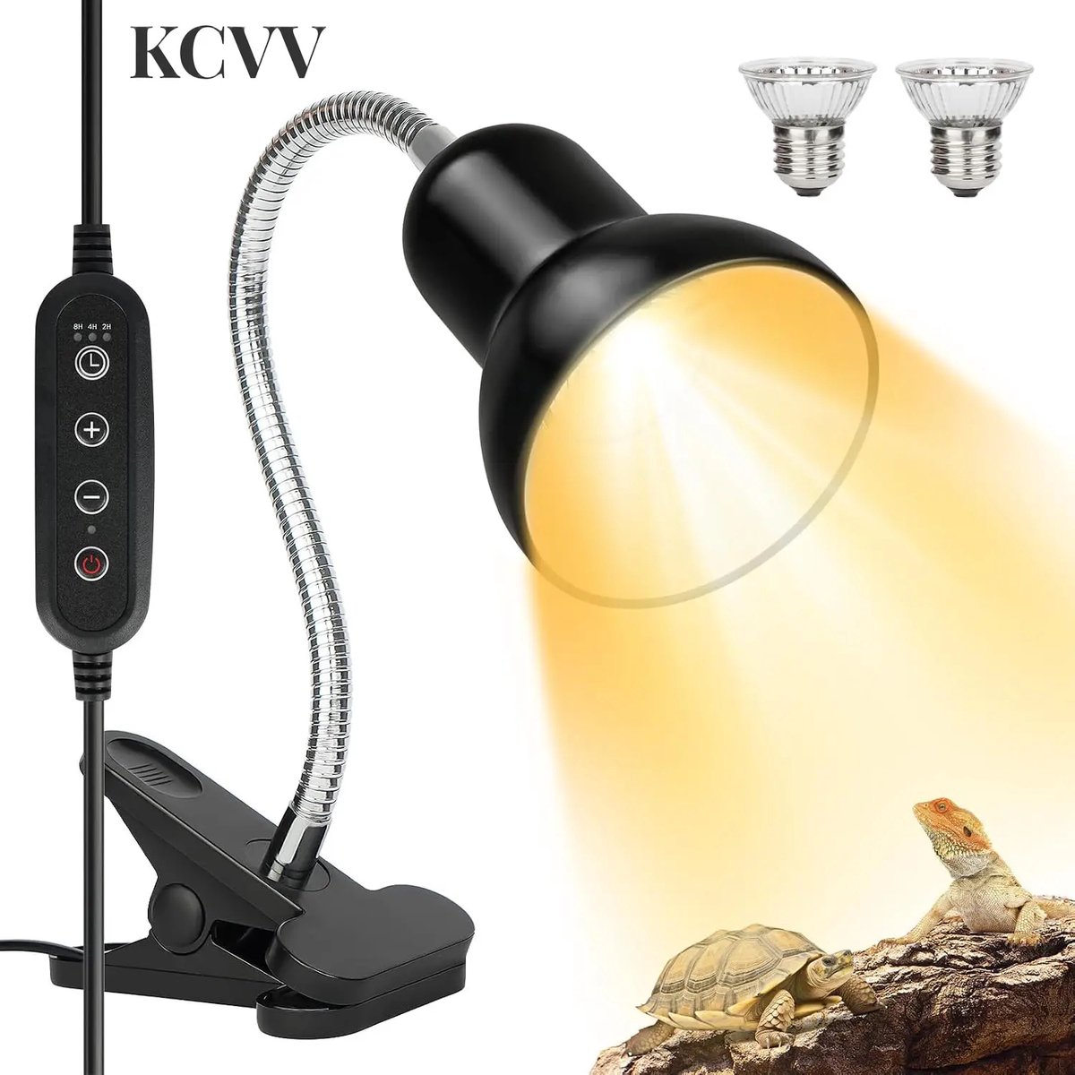 Reptielenverwarming -reptielen warmtelamp-reptielen warmte lamp- 2 verwarmingslampen - Verwarmingslamp met timer - 360° draaibare verwarmingslamp - Geschikt voor hagedissen, schildpadden, slangen en waterplanten in aquariums - Zwart