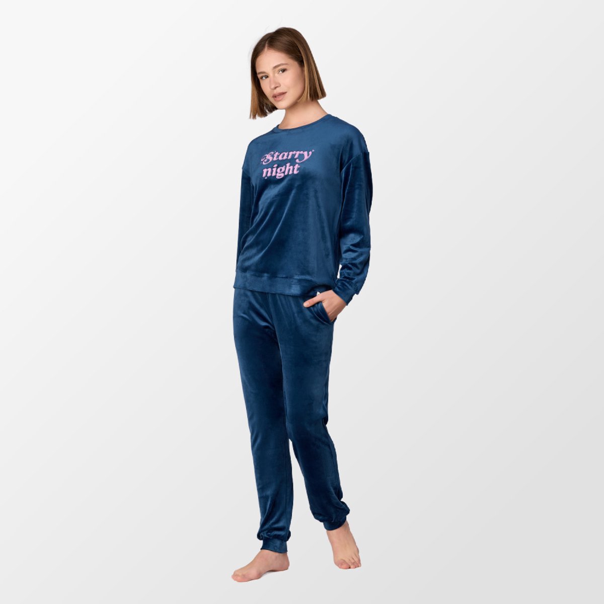 Woody Meisjes-Dames pyjama donkerblauw - maat XS