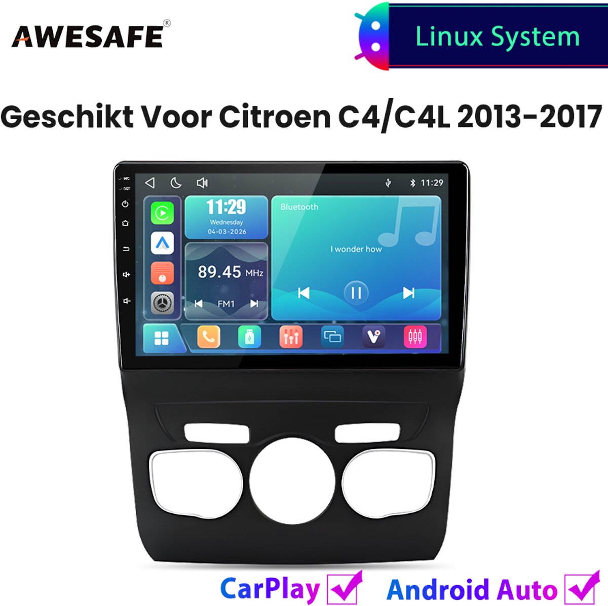 Awesafe Autoradio - Geschikt Voor Citroen C4/C4L 2013 t/m 2017 - Draadloos Carplay Android Auto - Linux systeem - 10 Inch Touchscreen - Bluetooth Wifi - 2013 2014 2015 2016 2017